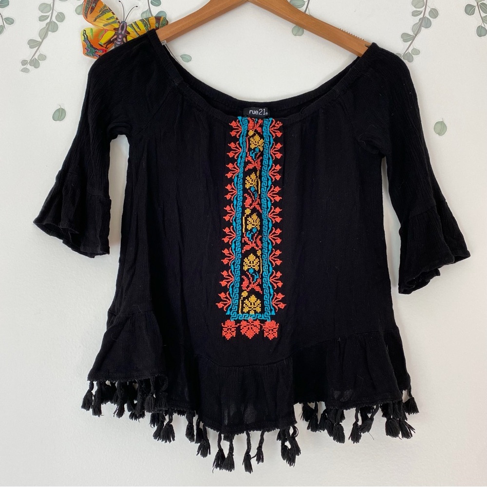 Rue 21 Black Boho Embroidered Fringe Blouse XS Festival Top